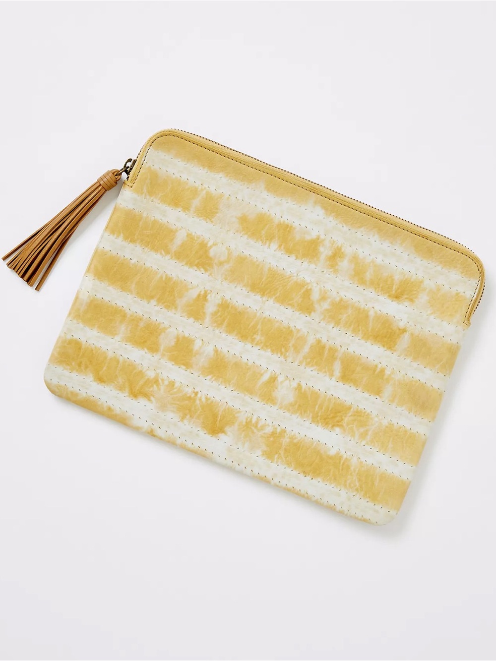 Anthropologie Gold & Cream Shibori Dyed Striped Leather Zip Pouch w/ Tassel, NWT